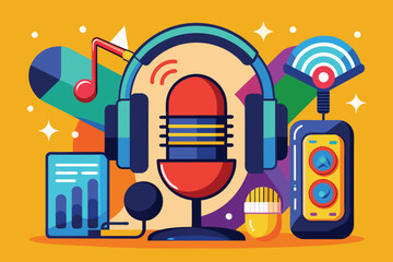 A vibrant illustration showcasing a microphone, headphones, and audio gear, perfect for a music podcast theme Music podcast theme vector illustration