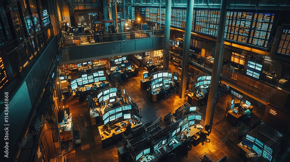 Poster A high-tech trading floor filled with glowing screens, showcasing a bustling environment of financial activity and data analysis.