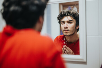 A young man in a red shirt looks intently at himself in the bathroom mirror, contemplating. The...