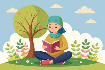 A young girl wearing a headscarf enjoys reading a book beneath a tree in a peaceful environment Muslim girl reading book under tree, flat illustration.