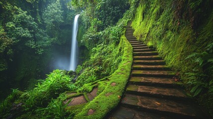 a mossy trail winding through dense greenery, ending at a cascading waterfall, the path lined with lush foliage and vibrant plants, leading to the tranquil sound of water flowing over rocks, creating 