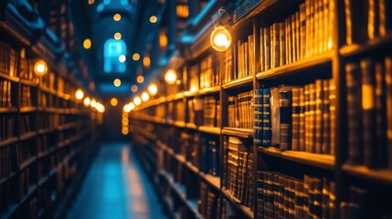 Fototapeta premium a mysterious library filled with glowing books and golden lights illuminating its ancient shelves, the warm golden glow casting enchanting shadows on the ornate bookshelves, creating an atmosphere of 