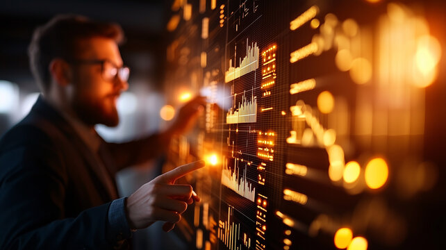 Silhouettes of Two Unidentified People Examining a Futuristic Digital Interface with Glowing Data Codes and Technological Elements in a Dimly Lit Environment Suggesting Innovation Technology

