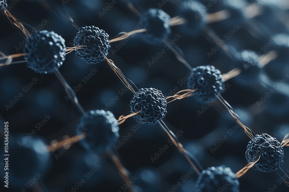 Poster the image depicts a close-up of a molecular structure showcasing interconnected spheres, representin