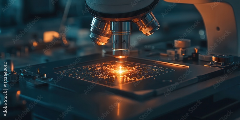 Aufkleber A close-up of a microscope examining a glowing specimen on a slide, showcasing a blend of technology and science in a laboratory setting.