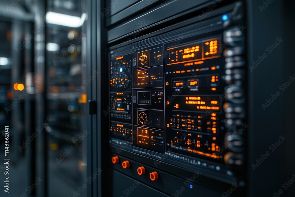 Poster a close-up view of a server's control panel, showcasing glowing orange lights and buttons amidst a s