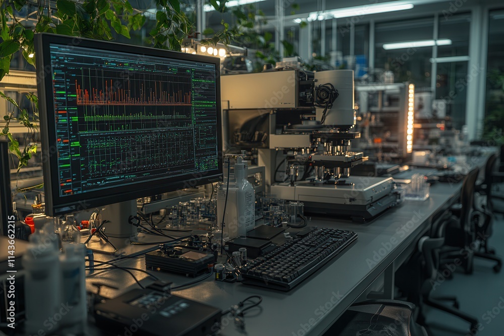 Poster A modern laboratory workspace featuring a computer displaying complex data, surrounded by scientific equipment and lush greenery.