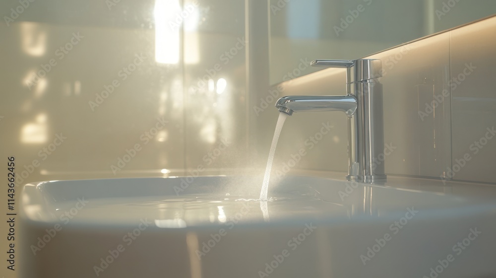 Poster a modern sink with water flowing, illuminated by soft light, creating a serene atmosphere.