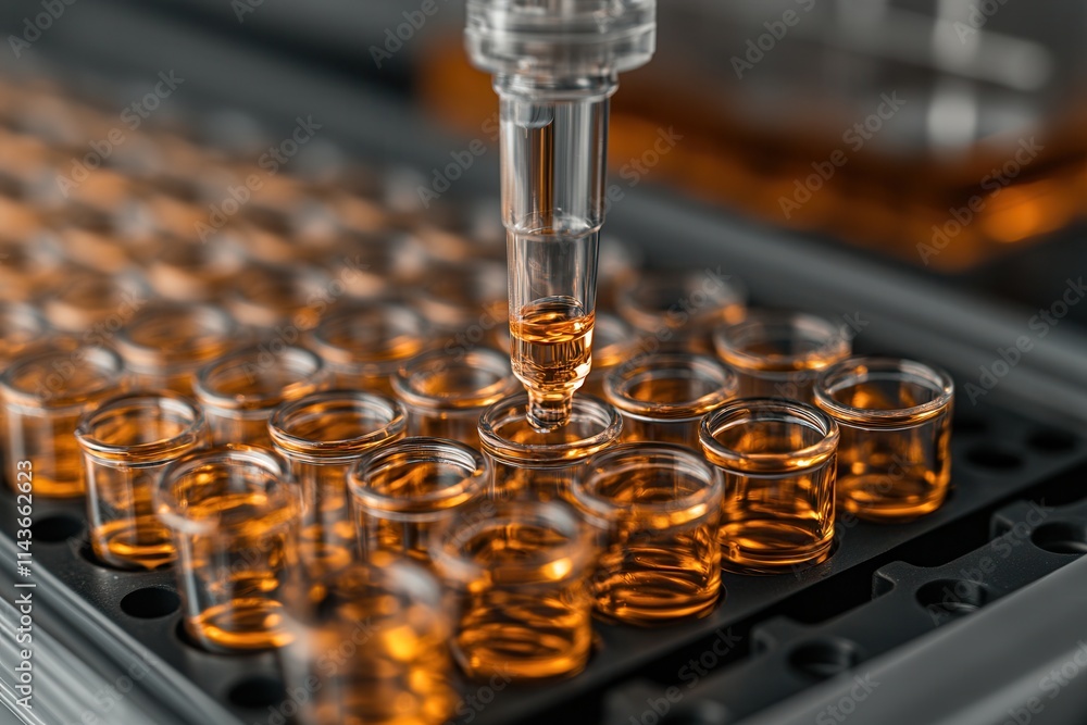 Poster a close-up of a pipette dispensing liquid into small glass vials, showcasing a laboratory setup focu