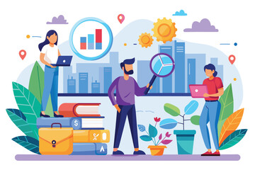 Three individuals engage in productivity-focused activities, utilizing laptops in a modern, vibrant workspace Need productivity solutions? Check out our flat illustrations.