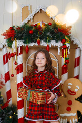 
Portrait. Beautiful girl of 6 years old, European appearance, in a red dress near a New Year's fairy-tale house. Christmas. Close-up.