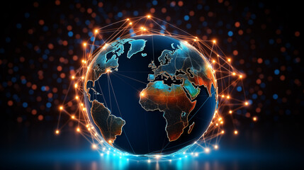 a digital world map with illuminated city lights and interconnected network lines, symbolizing global communication, technology, and data exchange. the image represents connectivity, globalization, an