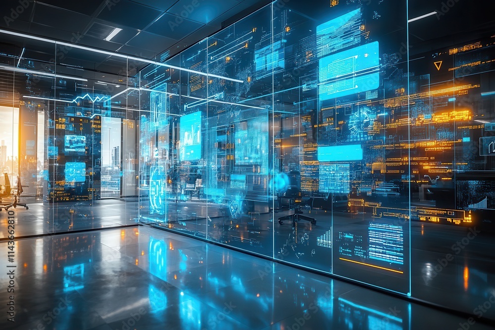Poster a modern office environment featuring transparent glass walls displaying vibrant digital data visual