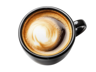 a close-up overhead shot of a black coffee cup with a swirl of white frothed milk on top. isolated on a transparent background