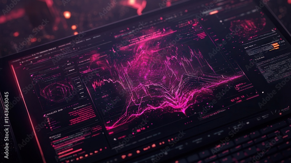 Poster A digital interface displaying vibrant, pink data visualizations, suggesting advanced technology and analytics in a futuristic setting.