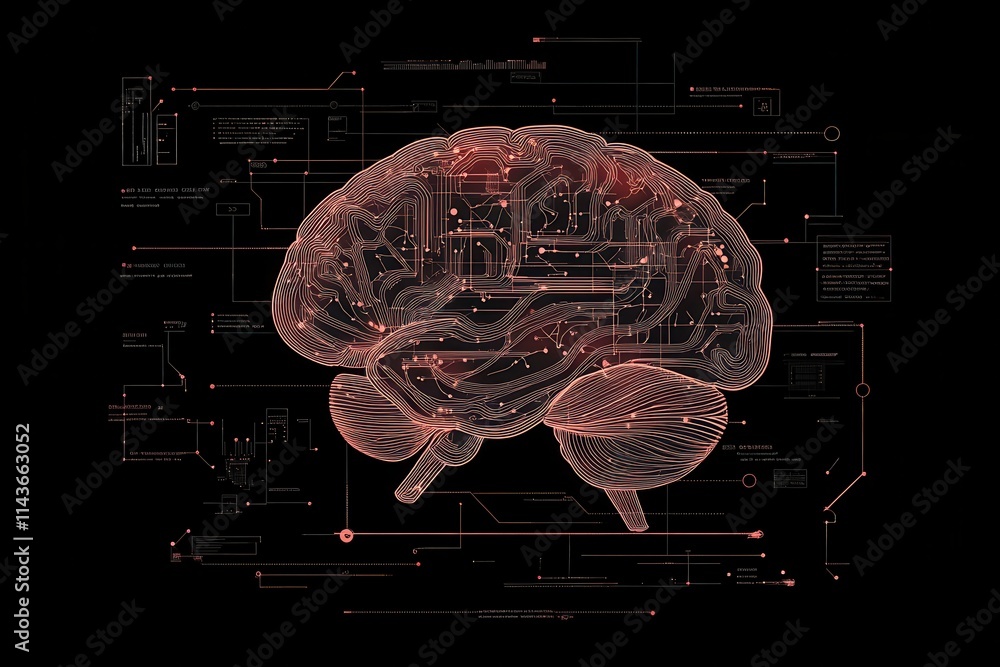 Poster a digital illustration of a brain composed of circuits and data, symbolizing the intersection of tec
