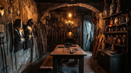 a room illuminated by firelight, filled with old armor and weapons from a distant era, the flickering flames casting shadows on the walls, showcasing the relics of a bygone time, creating a historical