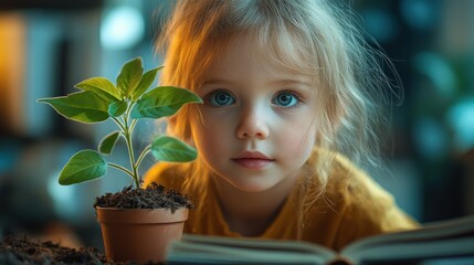 Curious girl examines a small plant next to an open book.