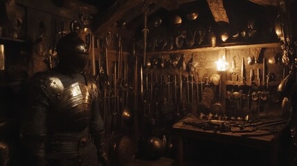 a room illuminated by firelight, filled with old armor and weapons from a distant era, the flickering flames casting shadows on the walls, showcasing the relics of a bygone time, creating a historical