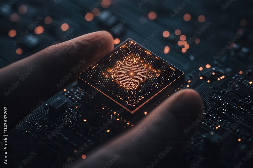 Poster a close-up view of a hand gently holding a glowing microchip on a dark circuit board, showcasing int