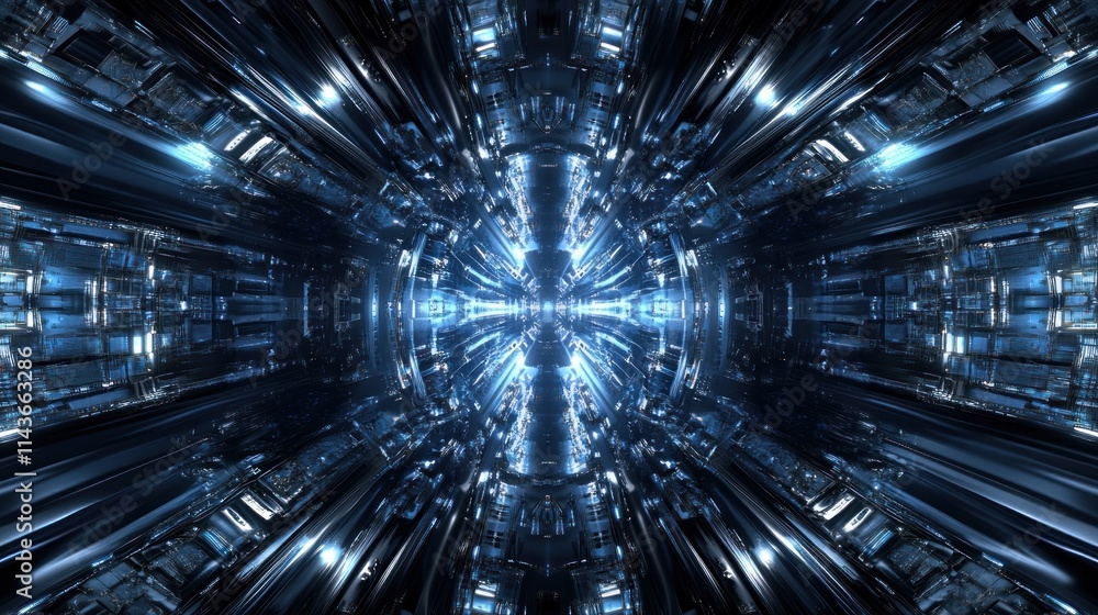 Poster a futuristic, abstract design featuring intricate patterns and bright light effects.
