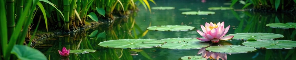 Bamboo stalks surrounding a central pond with lotus flowers, lotus, green, vegetation
