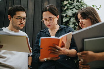 A group of high school students work together on their homework assignments outdoors. They gather...