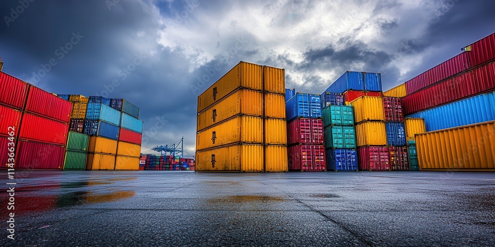 Poster a vibrant scene of stacked shipping containers under an overcast sky, reflecting a moody atmosphere 