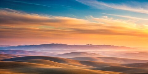 Fototapeta premium Serene sunrise over rolling hills and hazy valleys, bathed in warm golden light