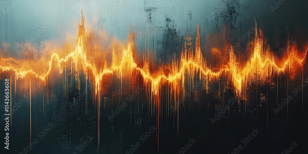 Poster a vibrant, abstract representation of sound waves, featuring dynamic orange peaks and valleys agains