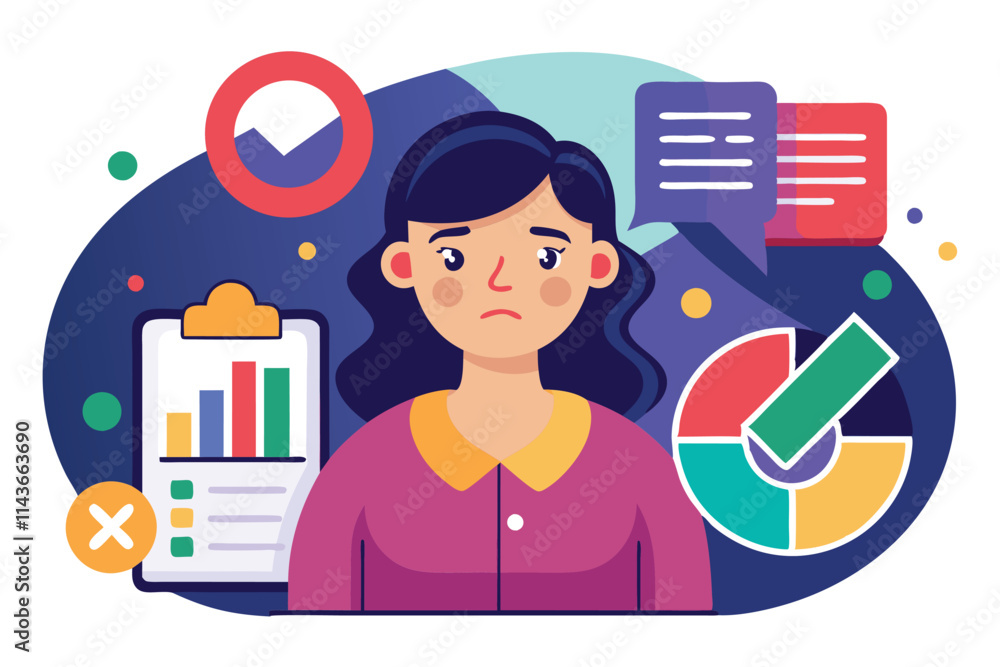 Aufkleber a woman with a worried expression stands amidst charts, graphs, and data visualizations in an office