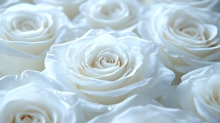 Close-up of many white roses with water droplets.