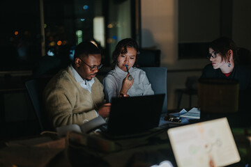 A group of dedicated, multicultural colleagues deeply focused on a late-night session, collaborating to meet project deadlines and strategize effectively in a contemporary office setting.
