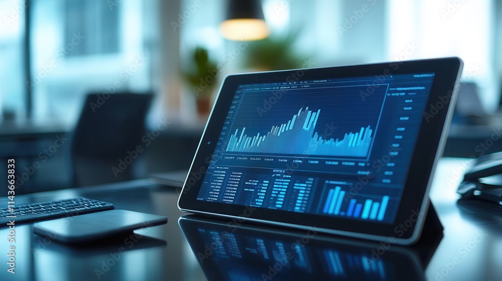 Poster A digital tablet displays financial data and analytics in a modern office setting, emphasizing technology and data visualization.