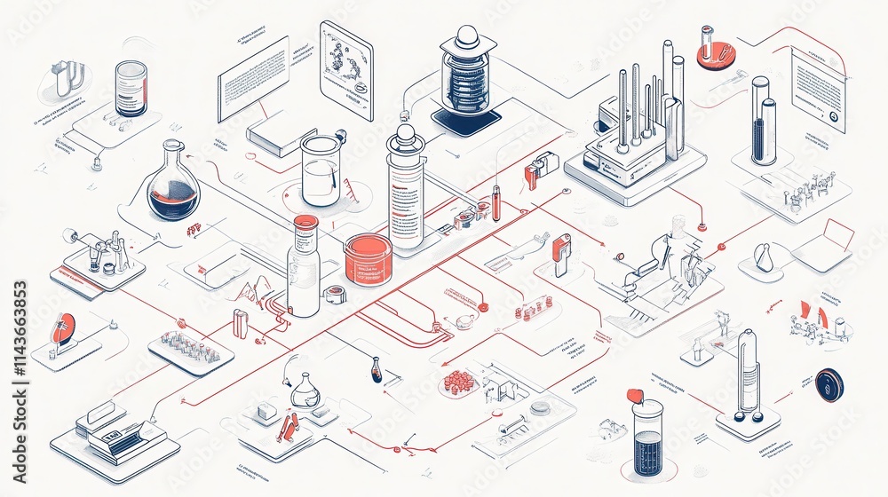 Poster a detailed infographic illustrating a laboratory setup with various equipment, processes, and chemic