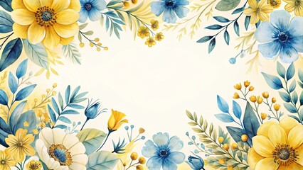 Elegant floral border with yellow and blue watercolor flowers and foliage, perfect for invitations or announcements
