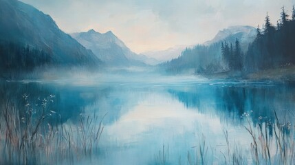 Serene landscape featuring misty mountains and a calm lake reflecting soft blue hues.