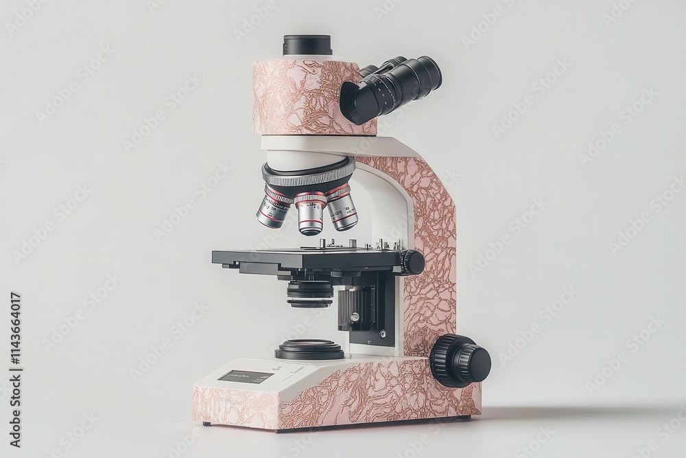 Poster a modern microscope with a pink design, showcasing its intricate lenses and base, ideal for scientif