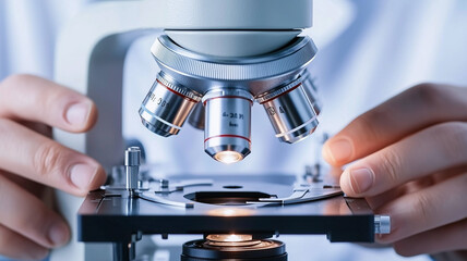 Veterinarian examining a biopsy sample under a microscope in a pathology lab, veterinary pathology, disease diagnosis
