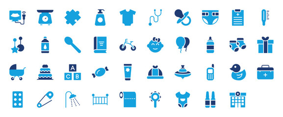 Set of Baby Care icon. Ultrasound, Weight Scale, Puzzle, Hand Wash, Baby Clothes, Pacifier, Baby Diaper, Baby Spoon, Stethoscope, Baby Toy, Ampoule, Baby Oil, Hospital, Baby Book vector illustration. 