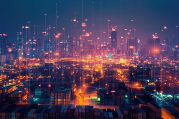 Obraz premium A vibrant cityscape at night, illuminated by colorful lights and digital overlays, showcasing a blend of technology and urban life.