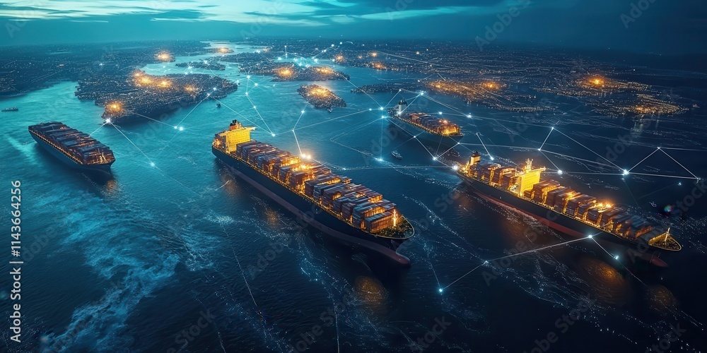 Poster a nighttime aerial view of multiple cargo ships navigating a busy waterway, illuminated by lights, s
