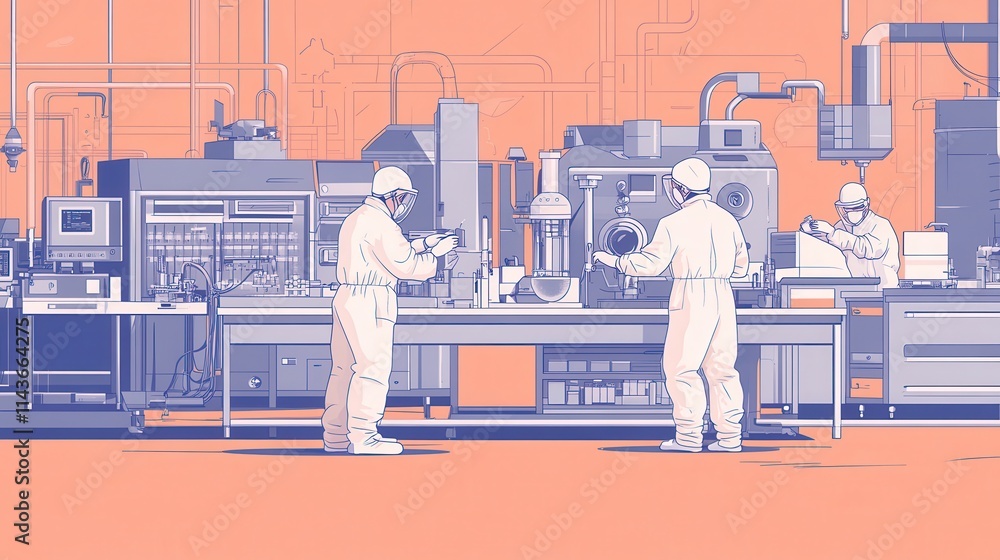 Poster A modern laboratory scene featuring scientists in protective suits working at tables with various equipment and machinery in a pastel-colored environment.