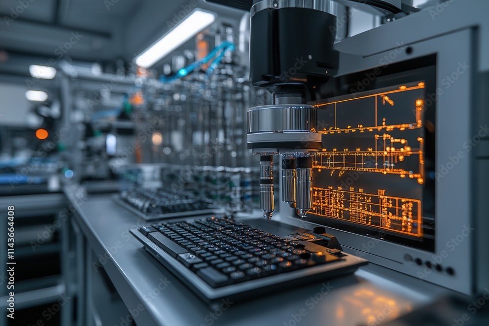 Poster A modern laboratory setup featuring a microscope, keyboard, and a computer displaying intricate data on a glowing screen.