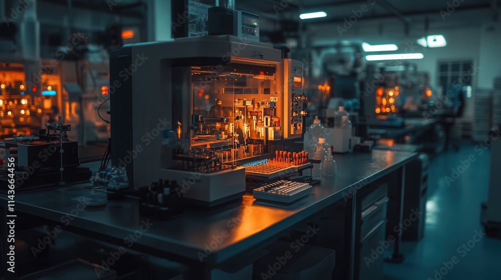 Poster a high-tech laboratory setting with illuminated equipment, showcasing intricate glassware and machin