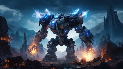 A towering military mech in rugged steel armor, firing high-energy weapons at alien creatures with iridescent skin and glowing appendages. The blue-hued alien planet is filled with rocky landscapes. 