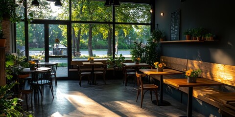 Modern Café with Indoor Plants and Recycled Wooden Furniture