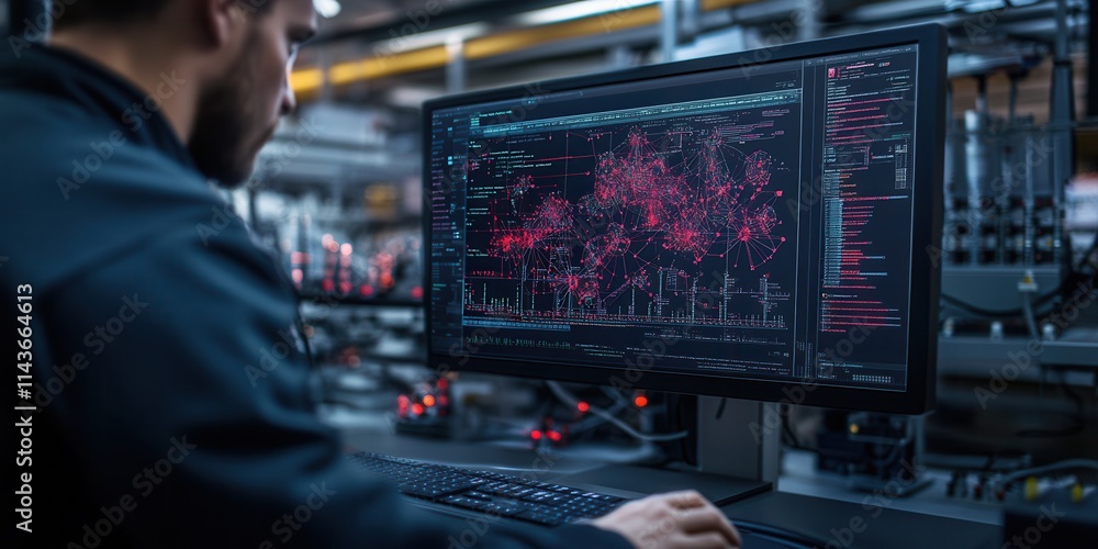Poster A person analyzes data on a computer screen displaying complex graphics and code, surrounded by a high-tech environment.