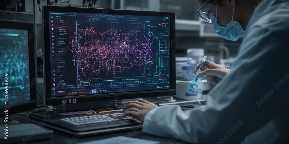 Poster a scientist analyzes complex data on a computer screen in a lab, wearing protective gear, focused on