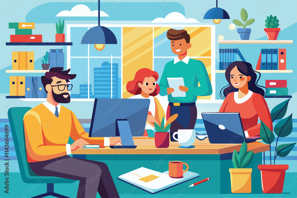 Poster a team of four colleagues engages in dynamic collaboration while working in a lively office environm